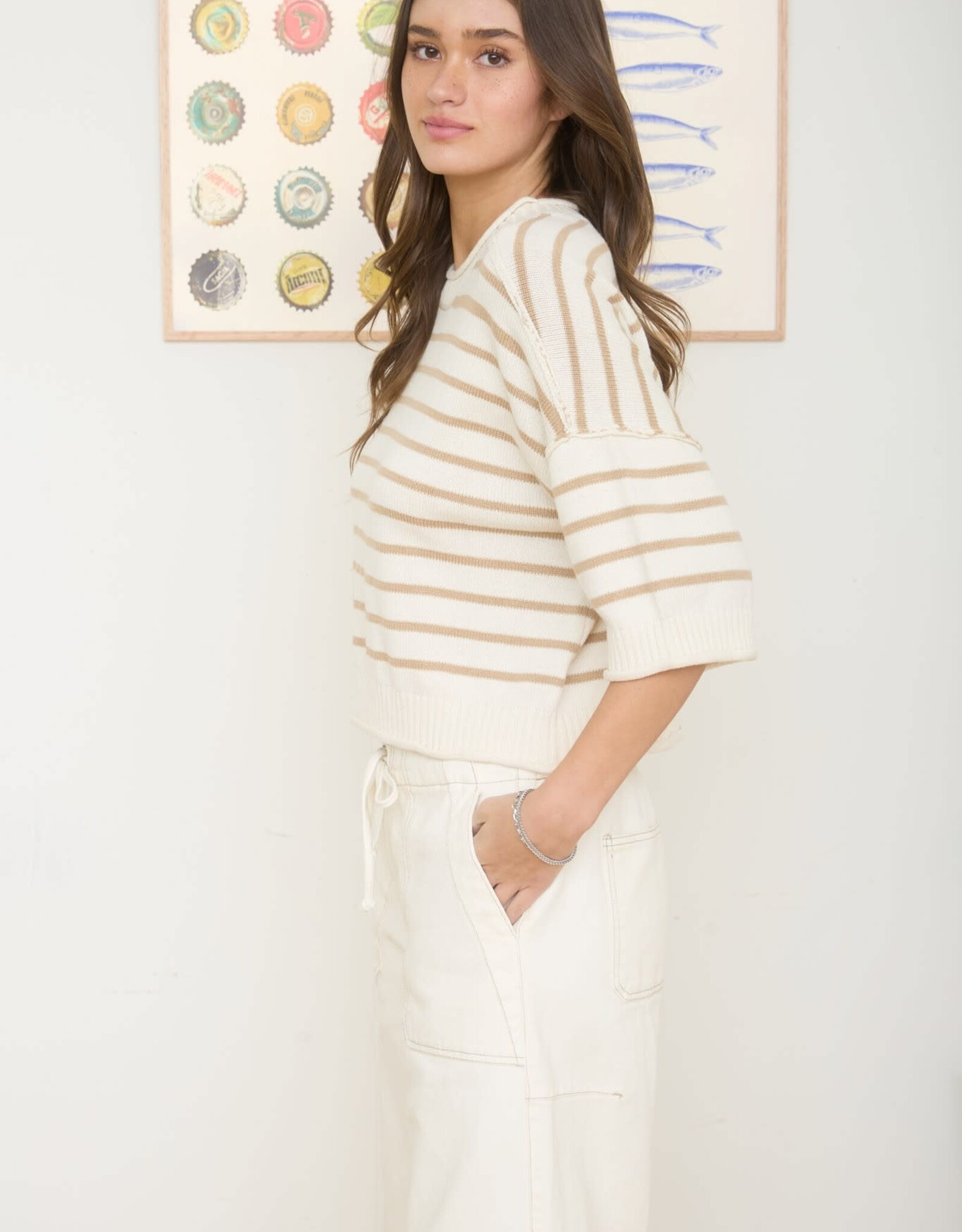 Miss Bliss Blu Stripe Raw Edge Drop Shldr Ss Sweater-Khaki