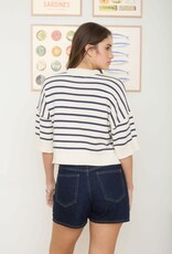 Miss Bliss Blu Stripe Raw Edge Drop Shldr Ss Sweater-Navy