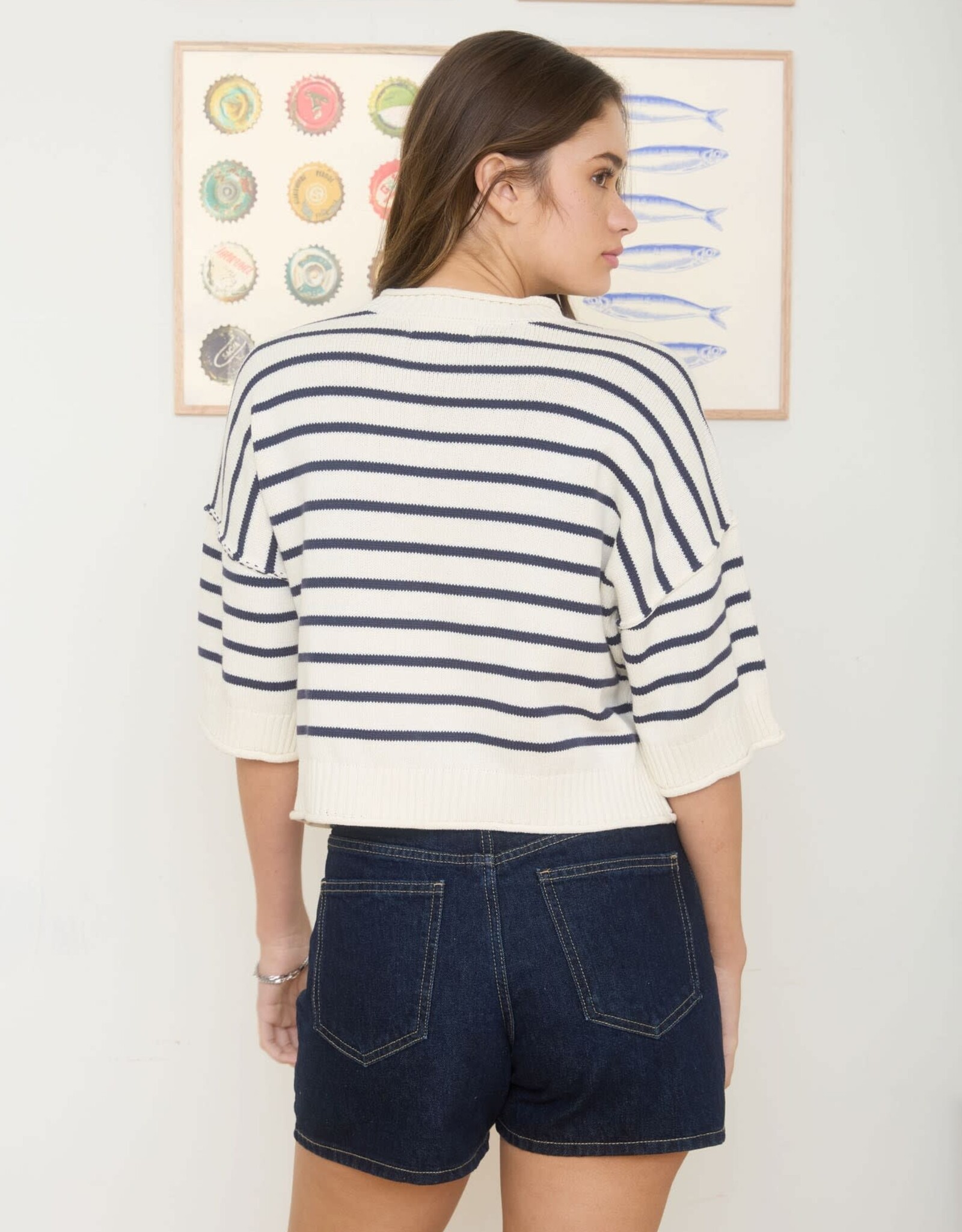 Miss Bliss Blu Stripe Raw Edge Drop Shldr Ss Sweater-Navy