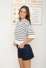 Miss Bliss Blu Stripe Raw Edge Drop Shldr Ss Sweater-Navy