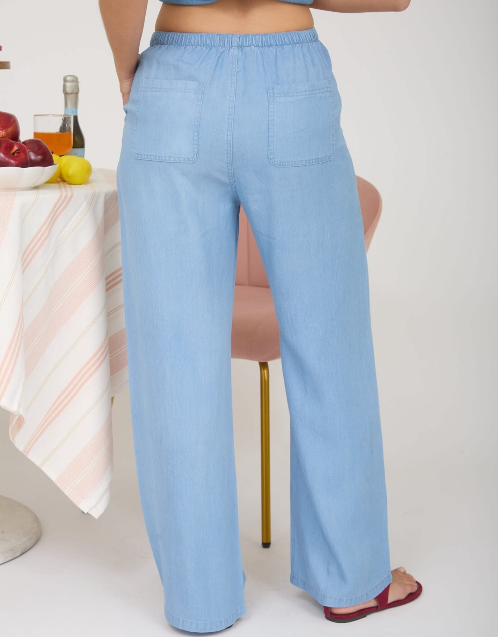 Miss Bliss Blu Drawstring Wide Leg Lounge Pants-Chambray