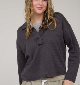 Miss Bliss Textured Knit Polo-Charcoal