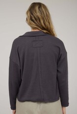 Miss Bliss Blu Expo Seam LS Textured Knit Polo-Charcoal