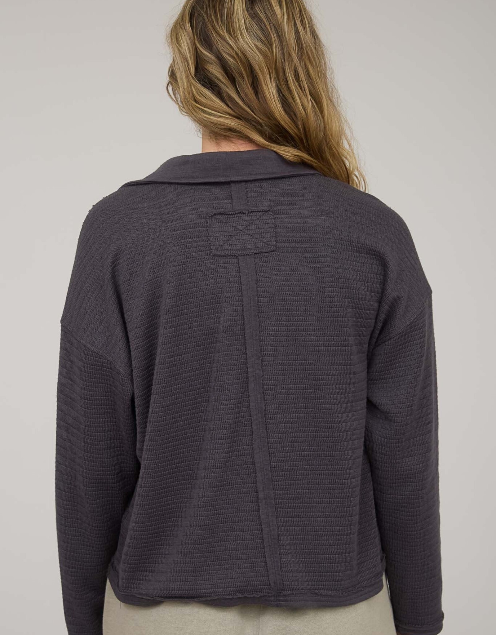 Miss Bliss Blu Expo Seam LS Textured Knit Polo-Charcoal