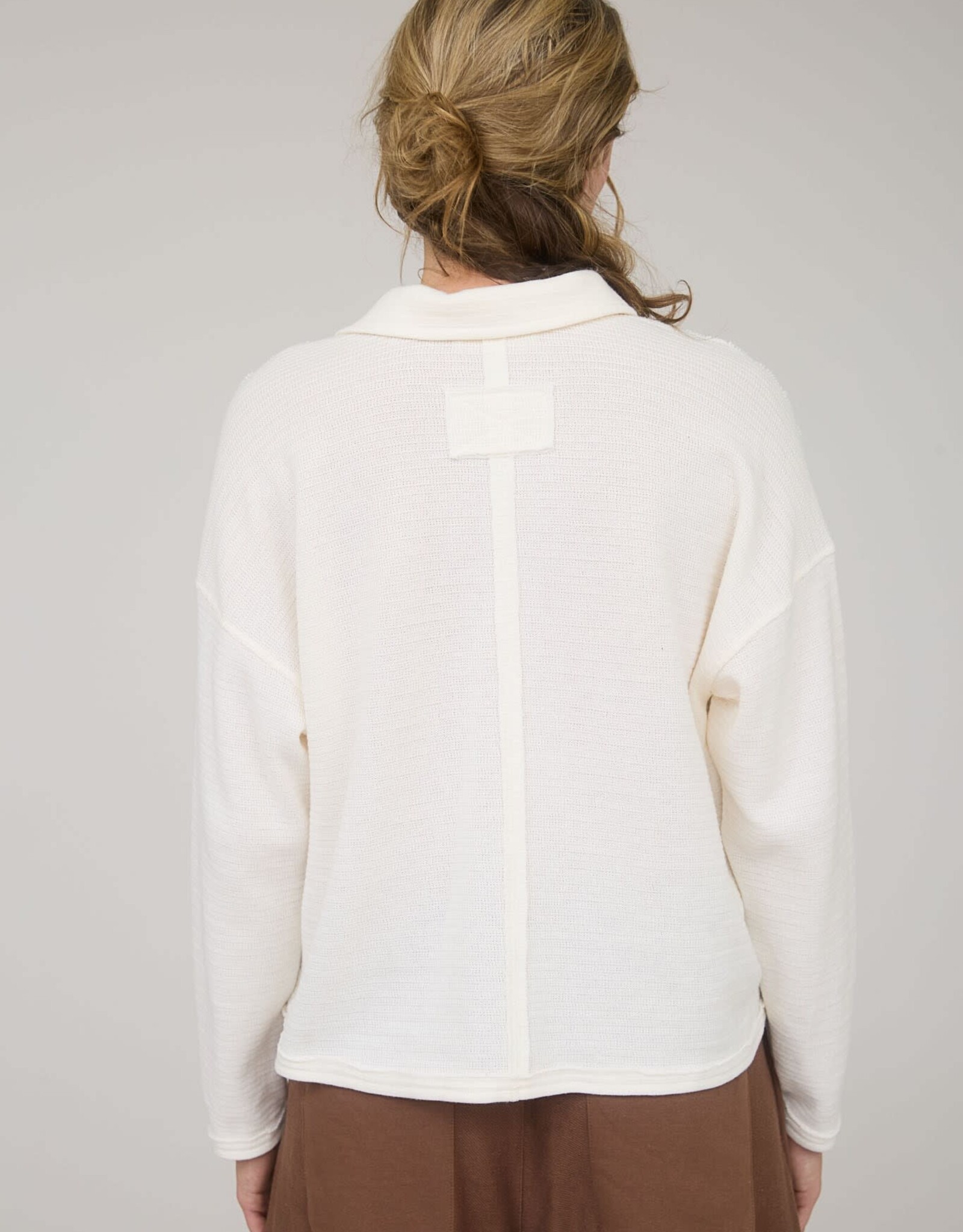 Miss Bliss Blu Expo Seam LS Textured Knit Polo-Cream