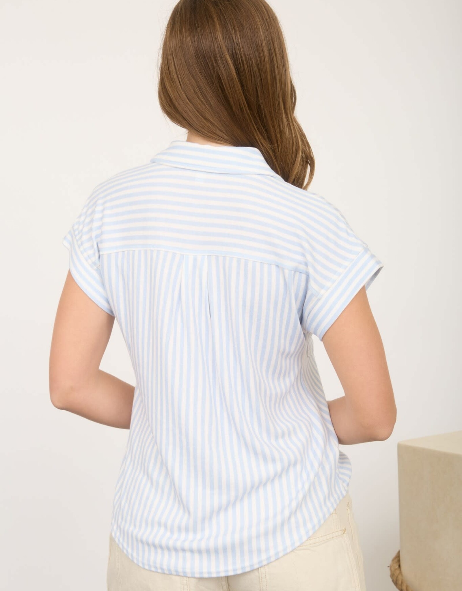 Miss Bliss Blu Stripe Collared SS Button Dwn Top-Blue/Iv