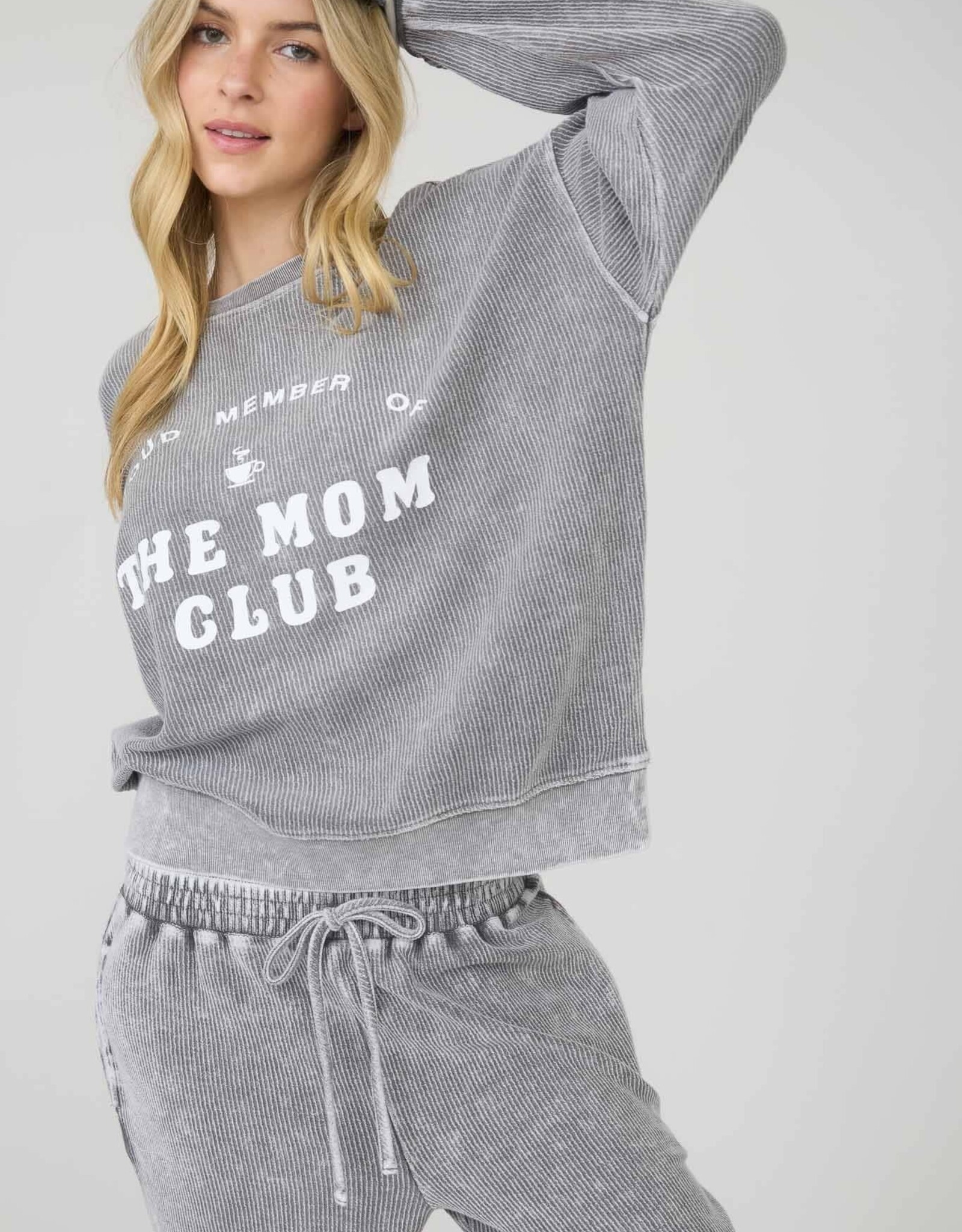 Miss Bliss Blu Mom Club Graphic Washed LS Rib Knit-Grey