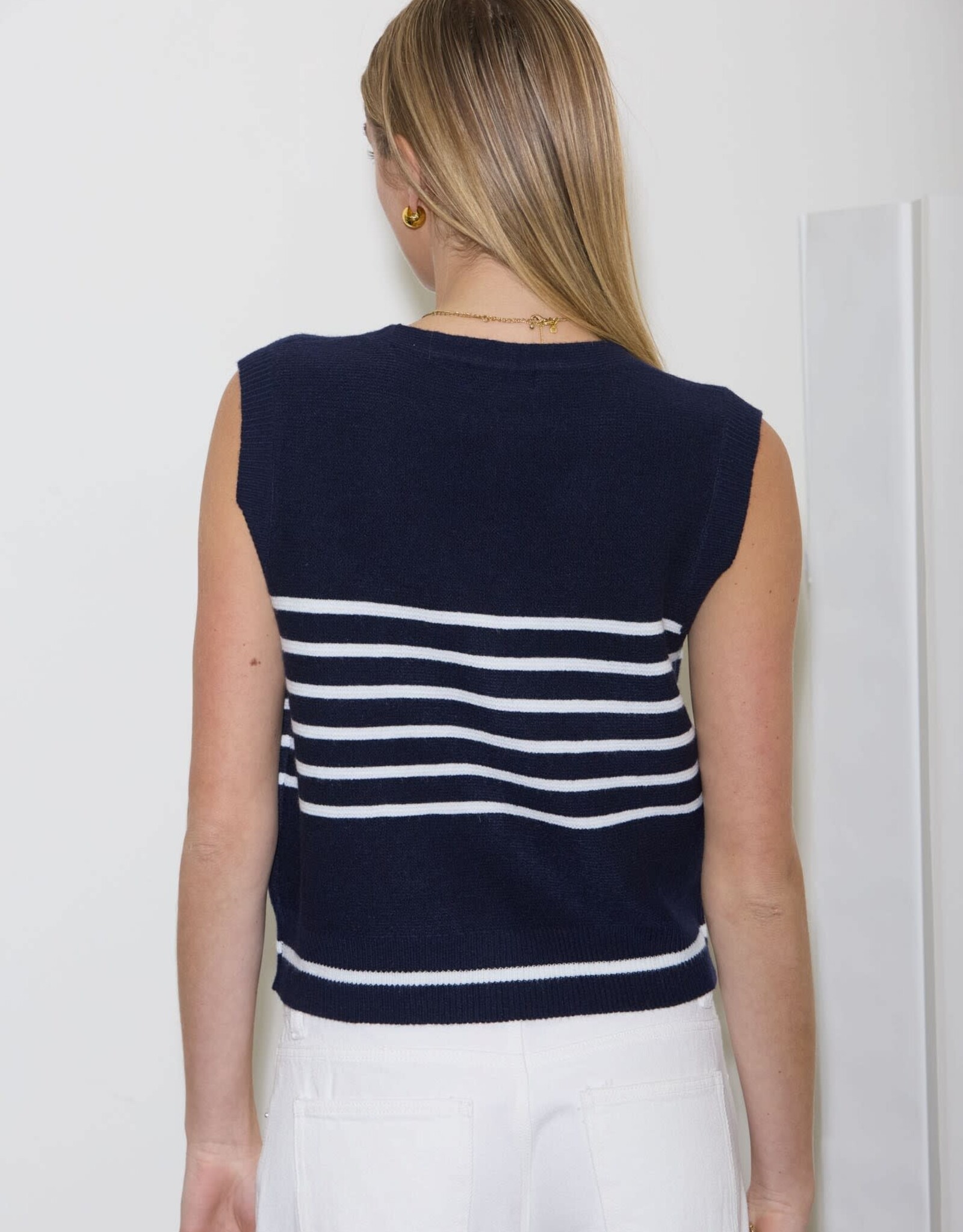 Miss Bliss Blu Contrast Stripe Button Knit Vest-Navy