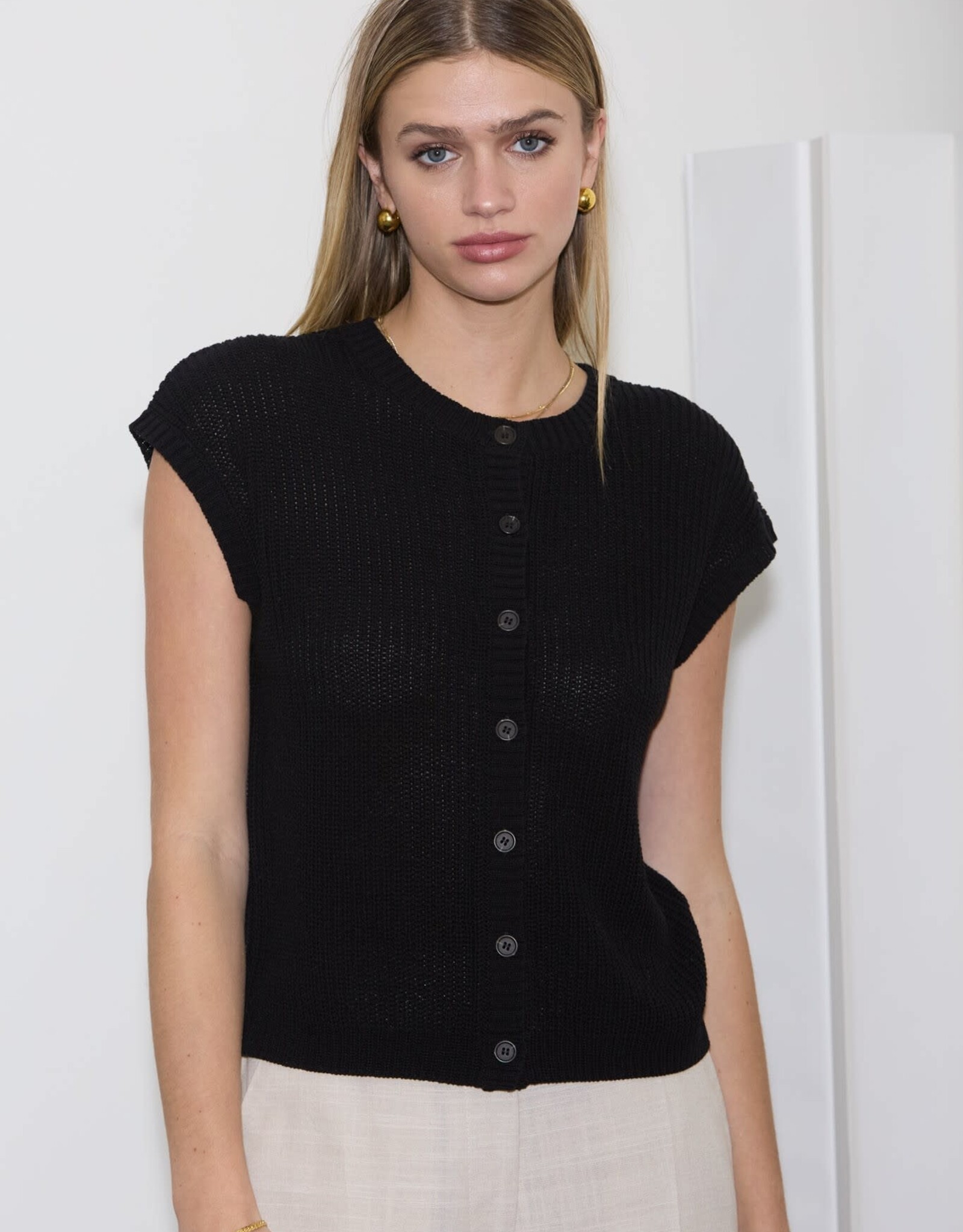 Miss Bliss Blu SS Button Dwn Knit Cardi Vest-Black