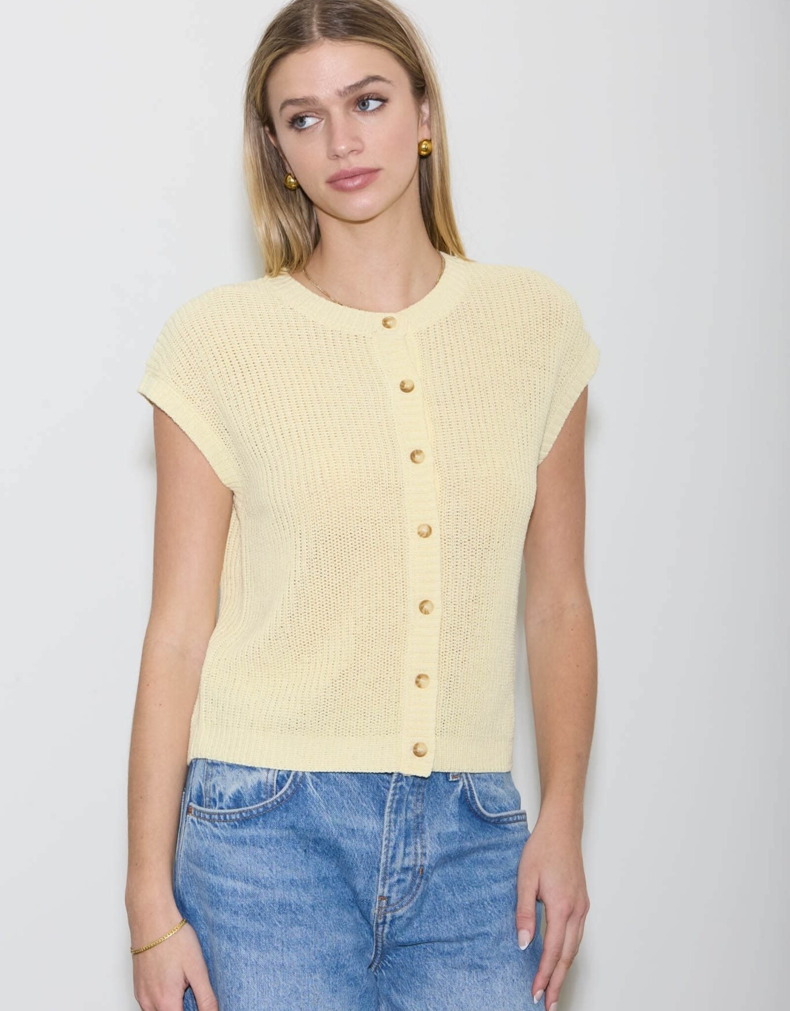 Miss Bliss Blu SS Button Dwn Knit Cardi Vest-Butter Yellow