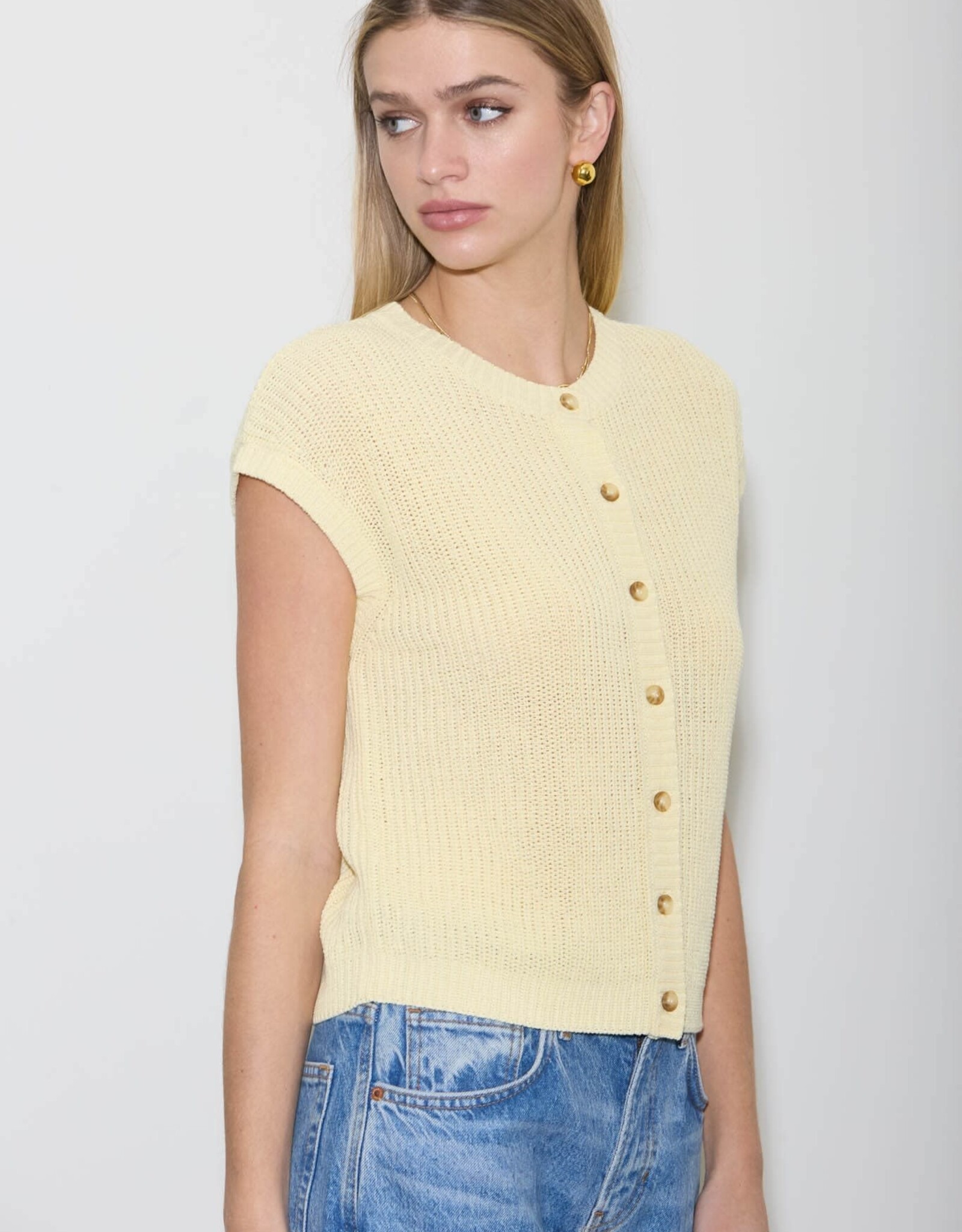 Miss Bliss Blu SS Button Dwn Knit Cardi Vest-Butter Yellow