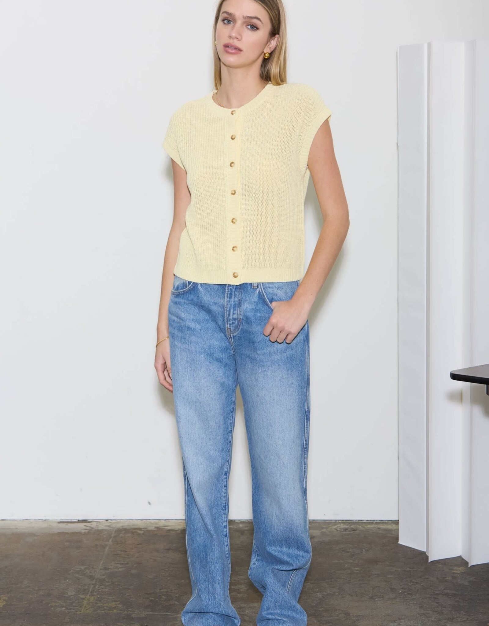 Miss Bliss Blu SS Button Dwn Knit Cardi Vest-Butter Yellow