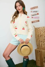 Miss Bliss Blu Crochet Cherry  Button Down Knit Cardi-Cream