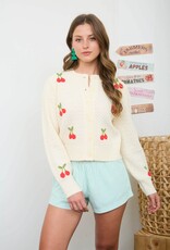 Miss Bliss Blu Crochet Cherry  Button Down Knit Cardi-Cream