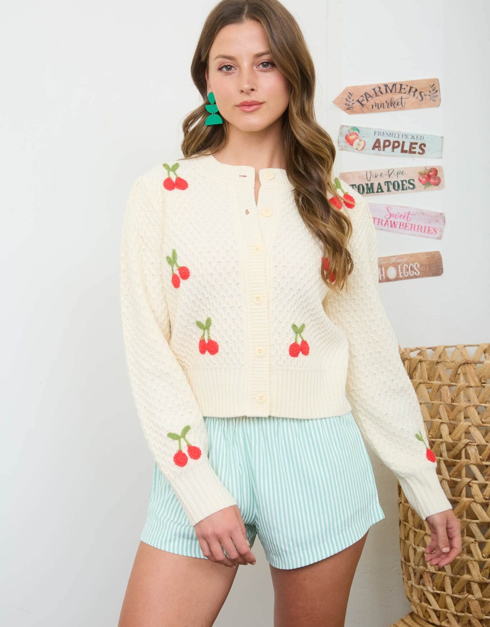 Miss Bliss Blu Crochet Cherry  Button Down Knit Cardi-Cream