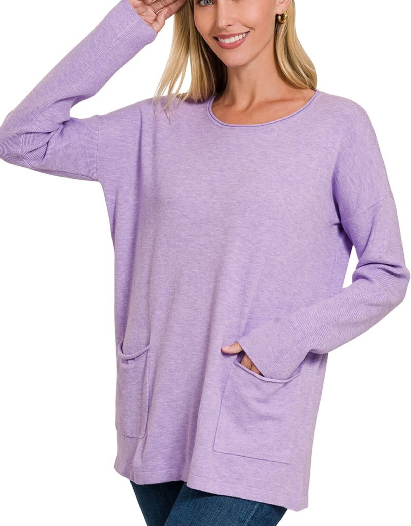 Miss Bliss Zen Viscose Front Pockets Sweater-Lavender