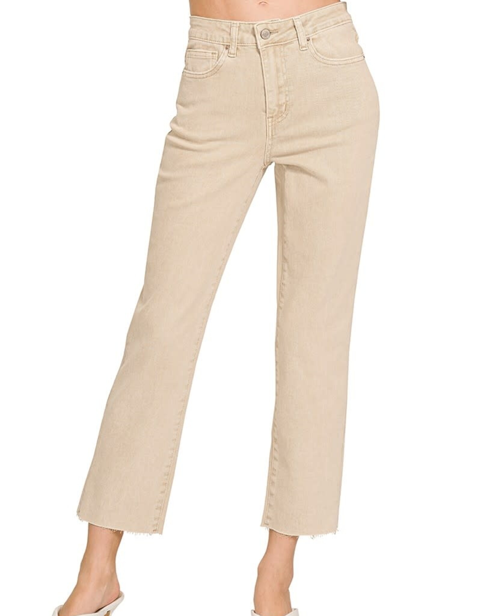 Miss Bliss Zen Washed High Waist Cropped Straight Pants-Sand Beige