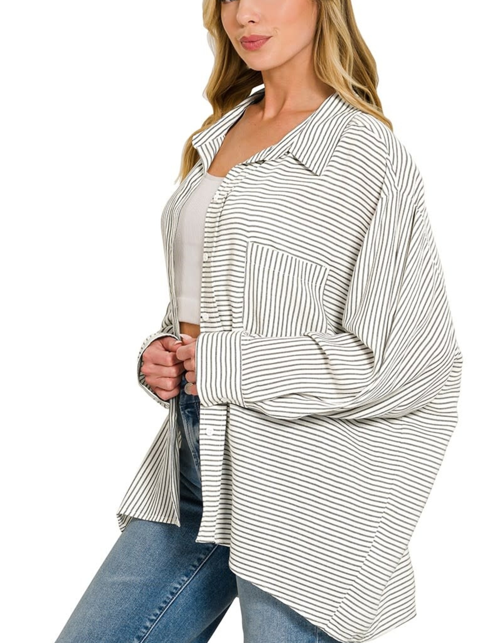 Miss Bliss Zen Woven Stripe Button Down Shirts-Black