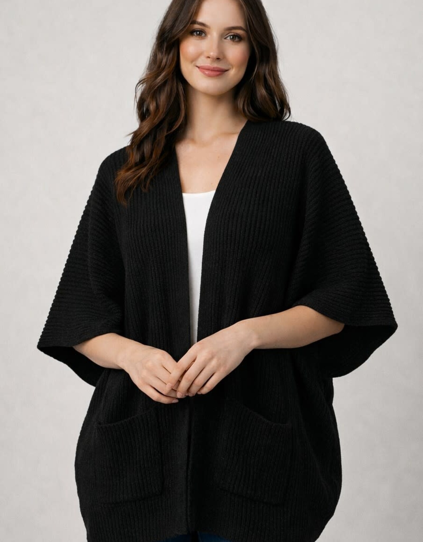 Miss Bliss Dream Relax Fit Elbow Slv Rib Cardigan-Black