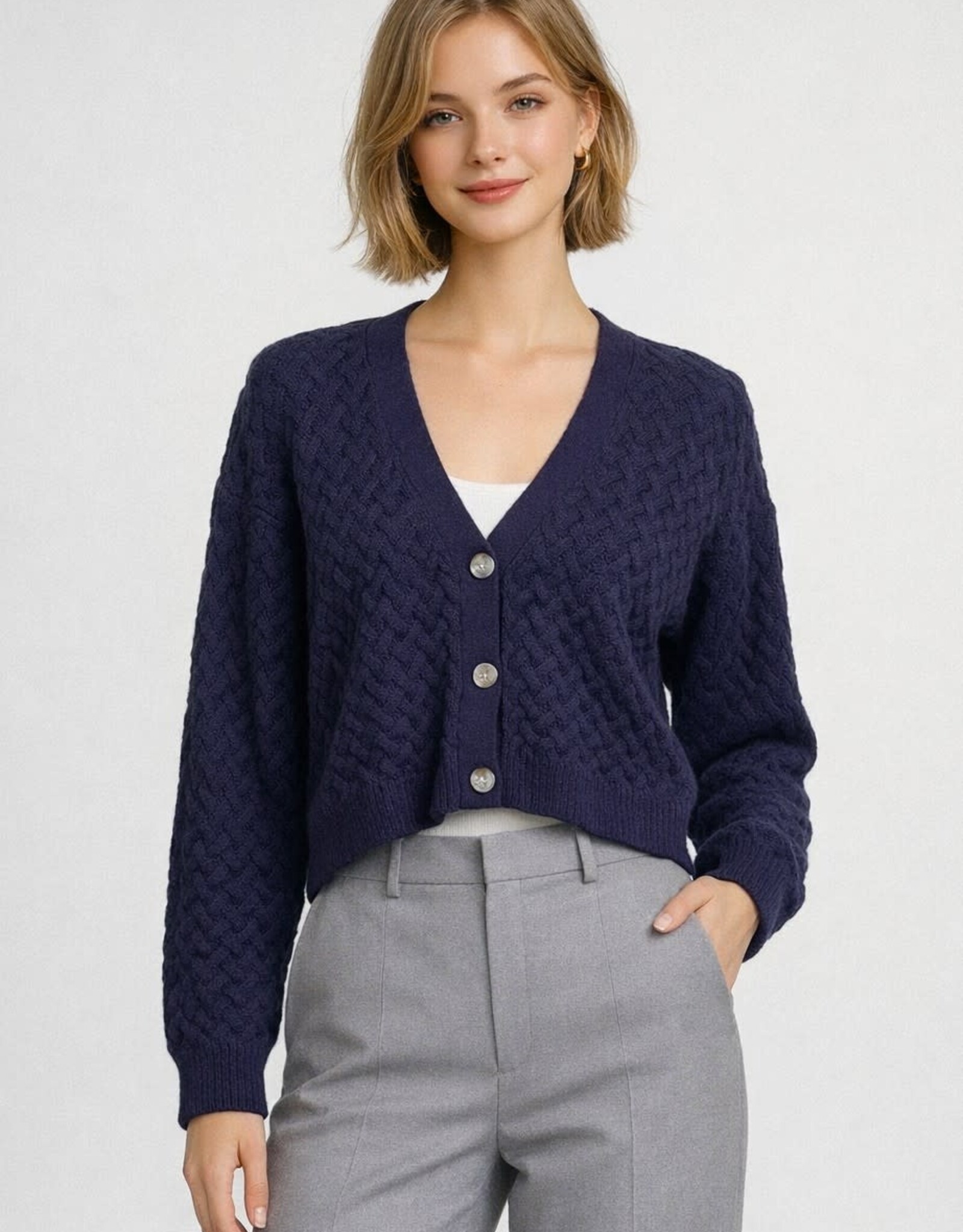 Miss Bliss Dream Cotton Textured Cross-knit Crop Cardigan-Navy