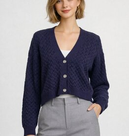 Miss Bliss Cotton Textured Cross-knit Crop Cardigan-Navy