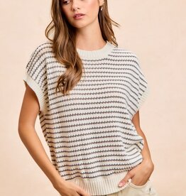 Miss Bliss Pointelle Light Weight Knit Top-Cream/Grey