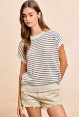 Miss Bliss Bibi Pointelle Stripes LWeight Sweatr Top-Cream/Grey