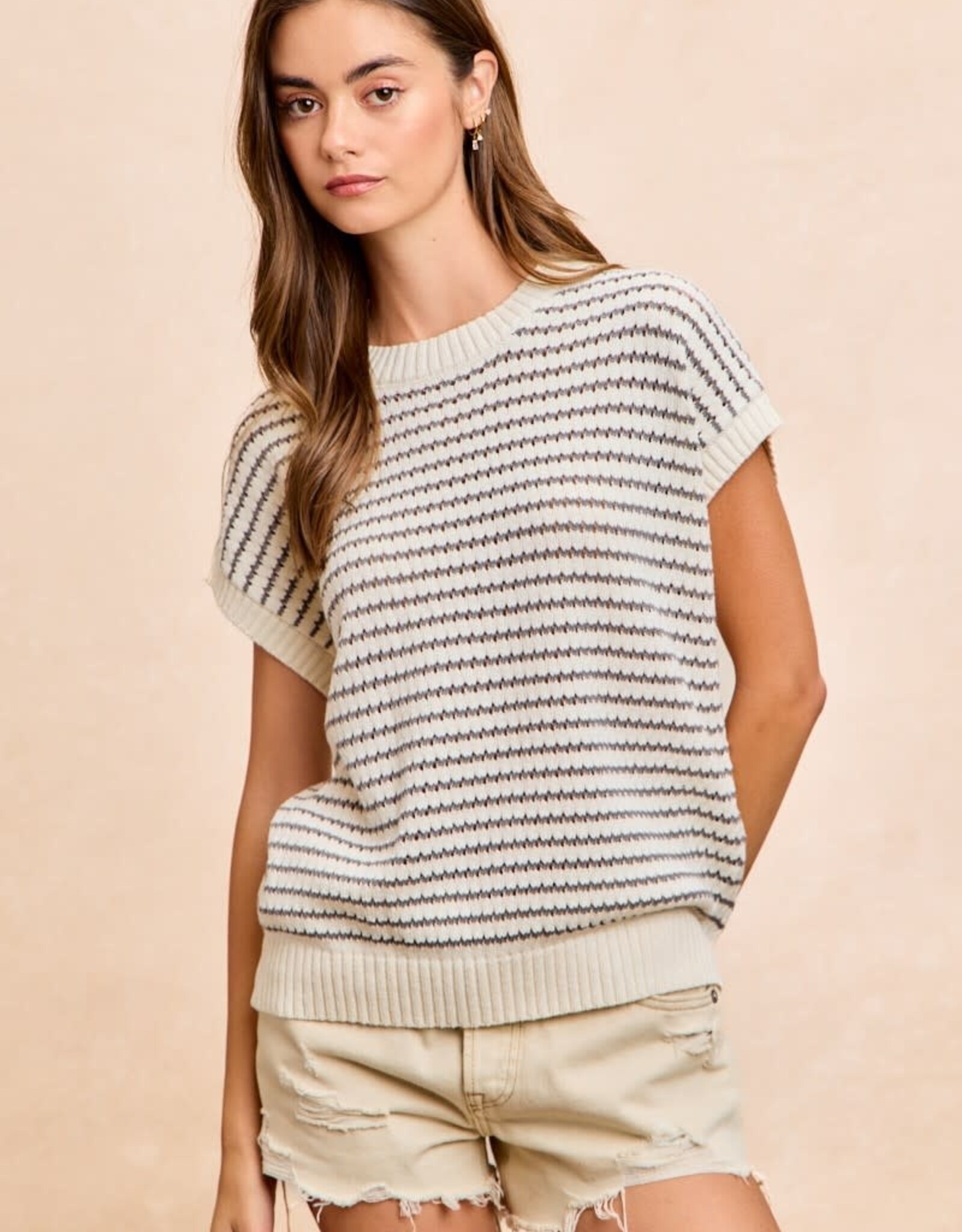 Miss Bliss Bibi Pointelle Stripes LWeight Sweatr Top-Cream/Grey