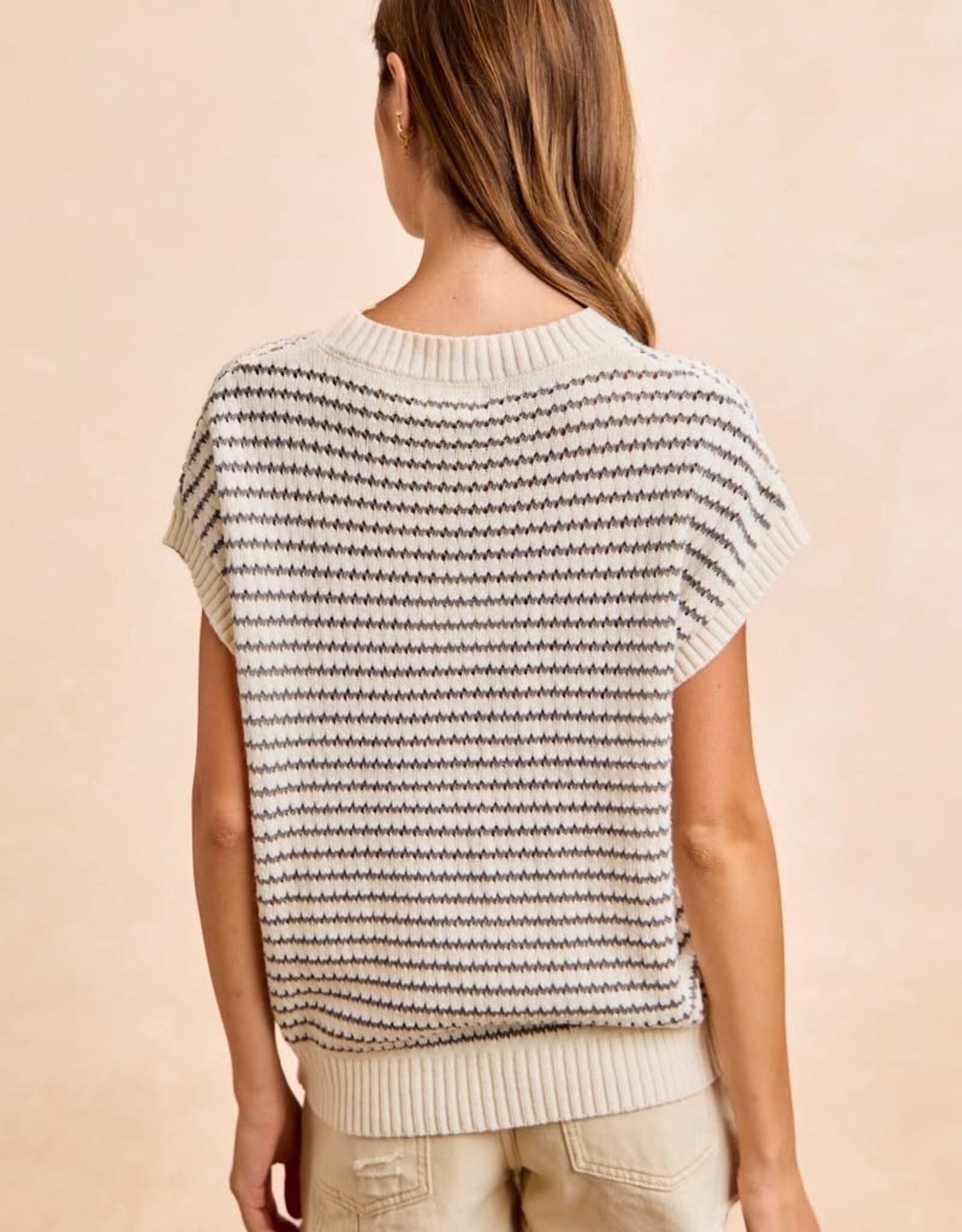 Miss Bliss Bibi Pointelle Stripes LWeight Sweatr Top-Cream/Grey