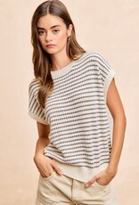 Miss Bliss Bibi Pointelle Stripes LWeight Sweatr Top-Cream/Grey
