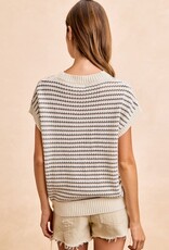 Miss Bliss Bibi Pointelle Stripes LWeight Sweatr Top-Cream/Grey