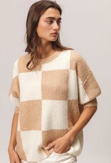 Miss Bliss Bibi Checker SS Sweater Pullover Top-Latte
