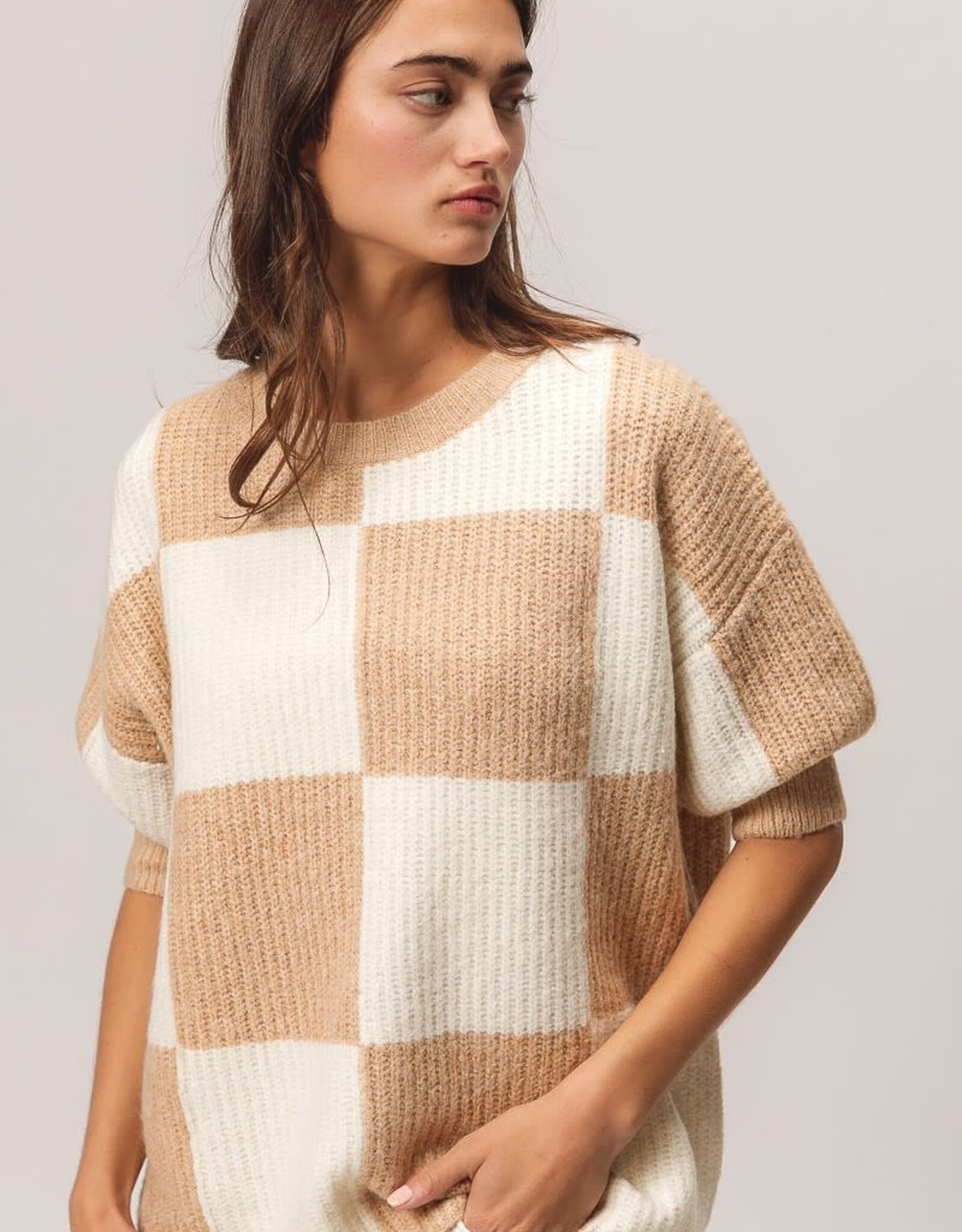 Miss Bliss Bibi Checker SS Sweater Pullover Top-Latte
