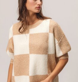 Miss Bliss Checker SS Sweater Pullover Top-Latte