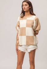 Miss Bliss Bibi Checker SS Sweater Pullover Top-Latte