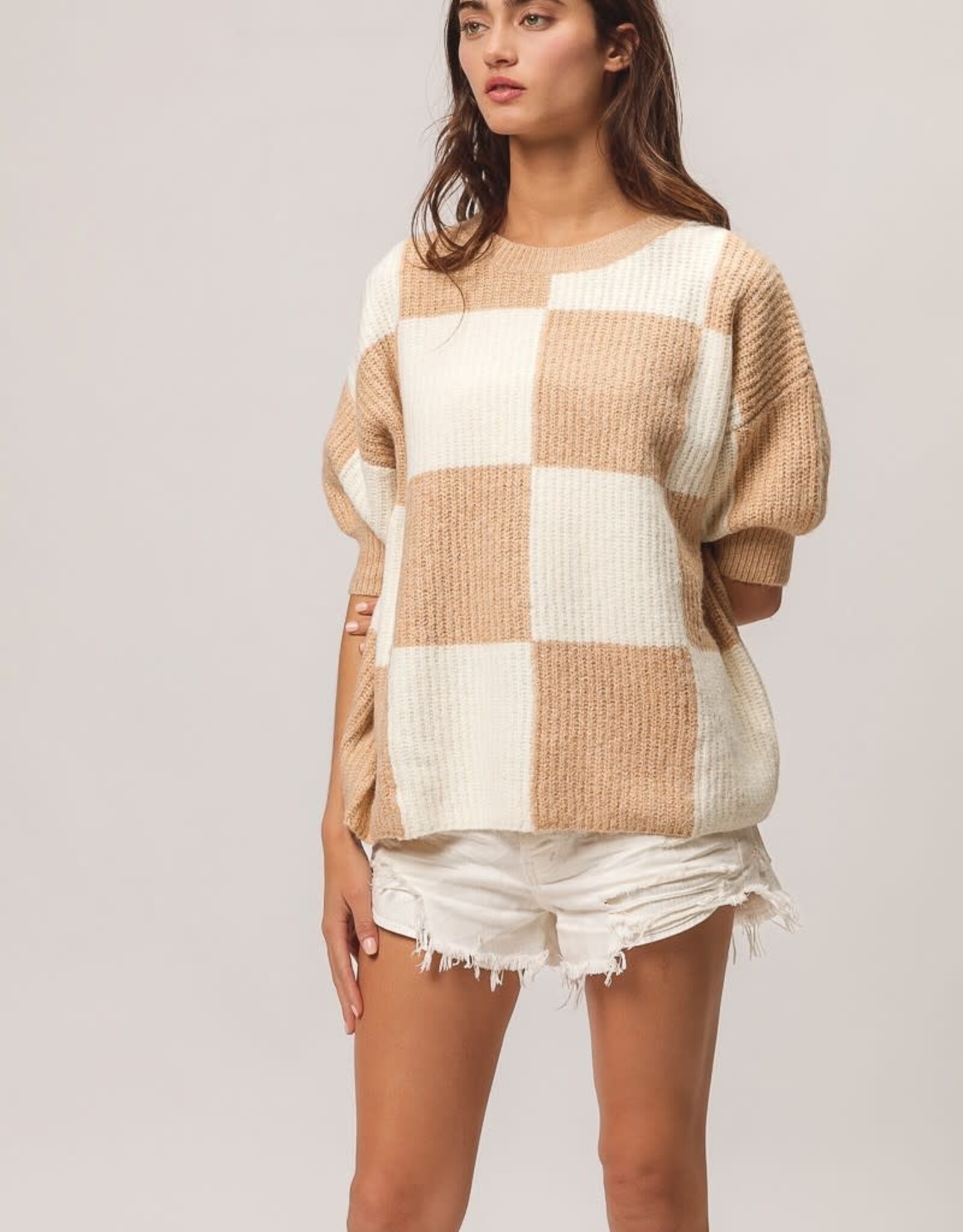 Miss Bliss Bibi Checker SS Sweater Pullover Top-Latte
