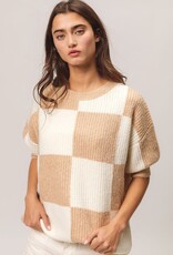 Miss Bliss Bibi Checker SS Sweater Pullover Top-Latte