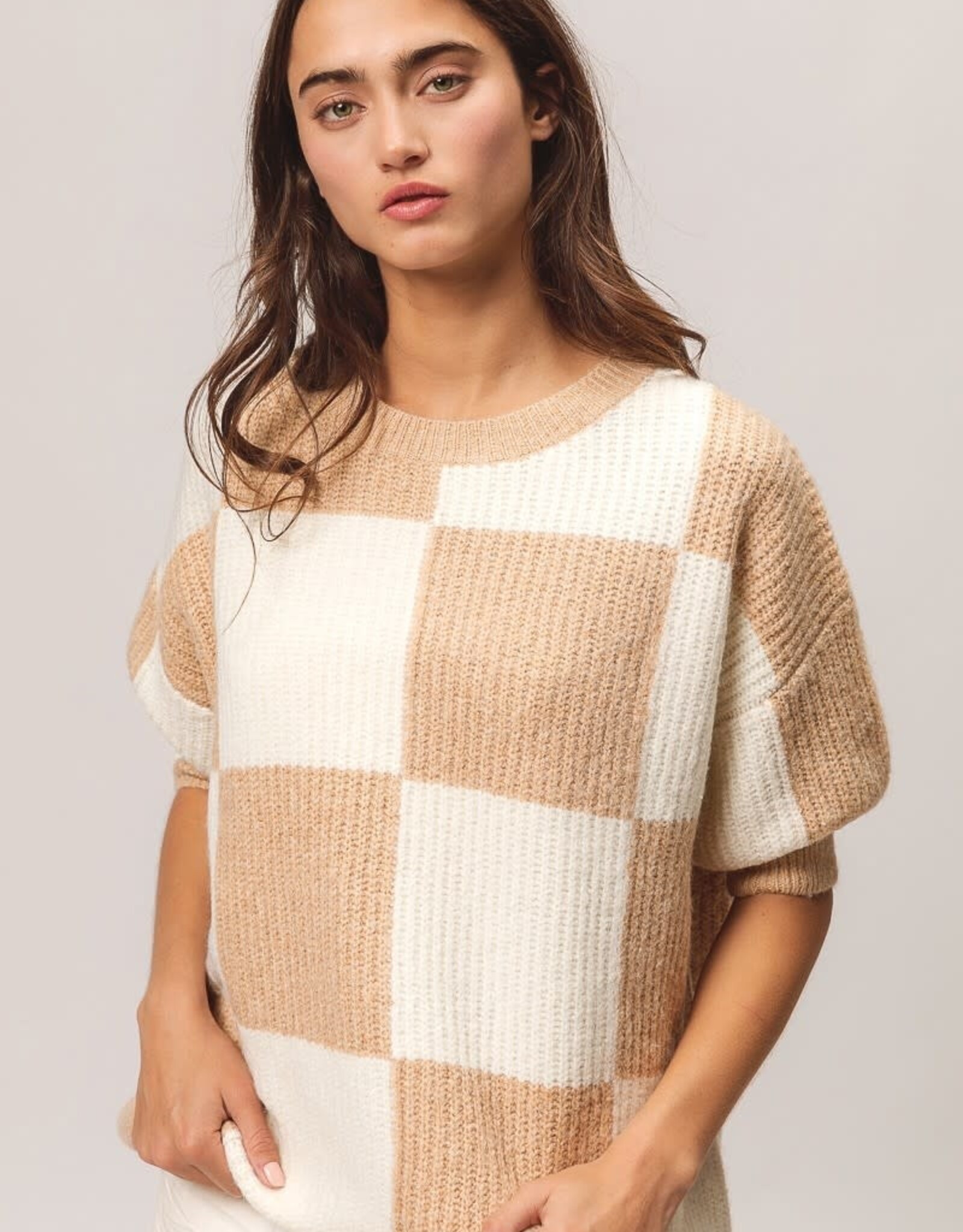 Miss Bliss Bibi Checker SS Sweater Pullover Top-Latte