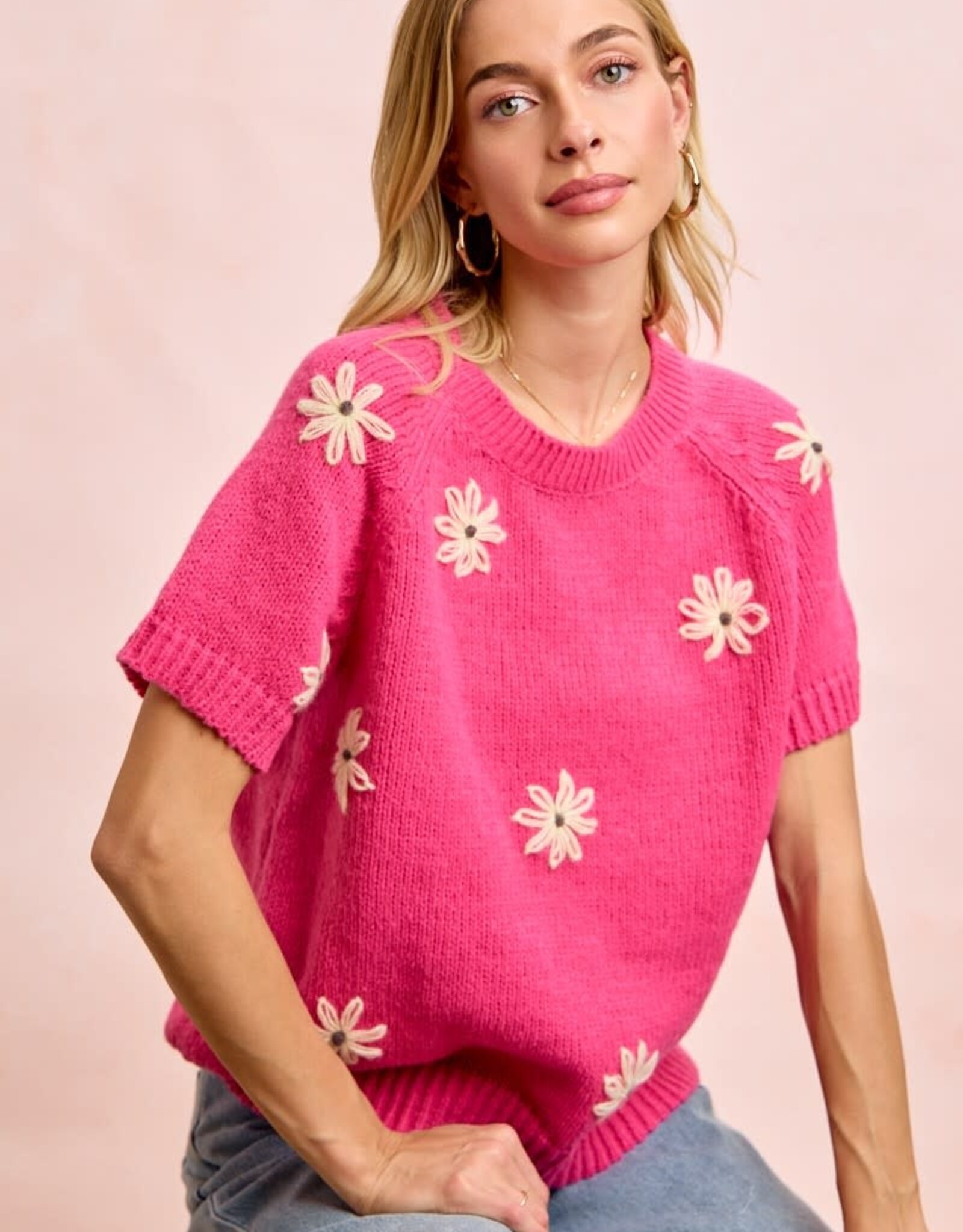 Miss Bliss Flower Embroidered SS Knit Top-Fuscia
