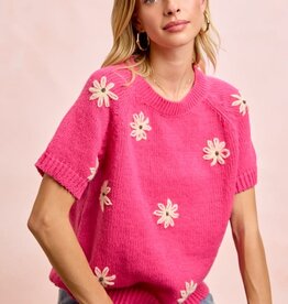 Miss Bliss Flower Embroidered SS Knit Top-Fuscia