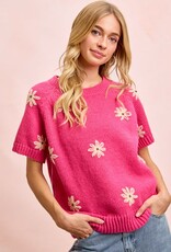 Miss Bliss Flower Embroidered SS Knit Top-Fuscia