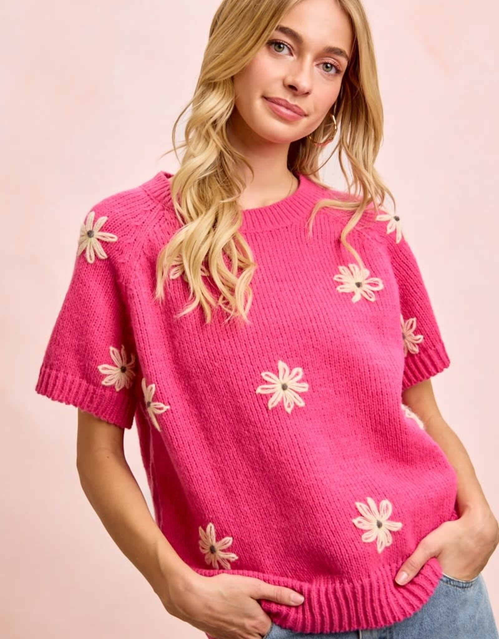 Miss Bliss Flower Embroidered SS Knit Top-Fuscia