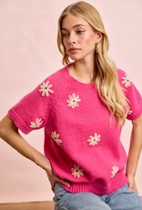 Miss Bliss Flower Embroidered SS Knit Top-Fuscia