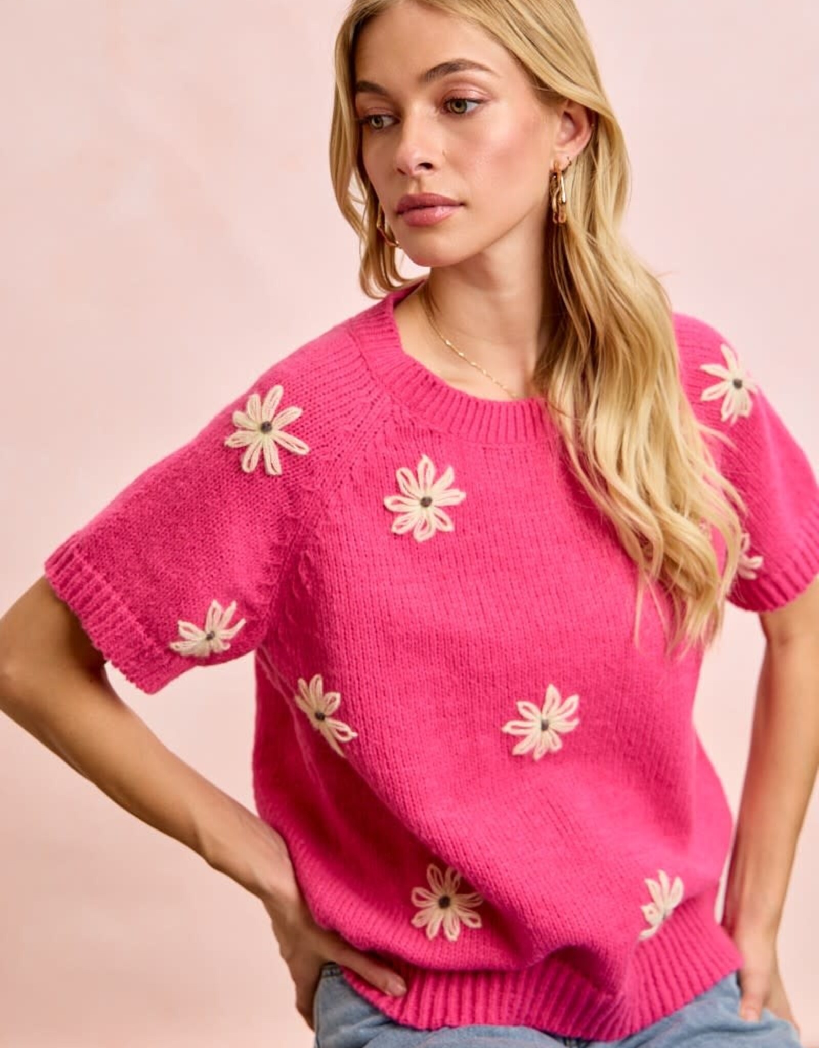 Miss Bliss Flower Embroidered SS Knit Top-Fuscia