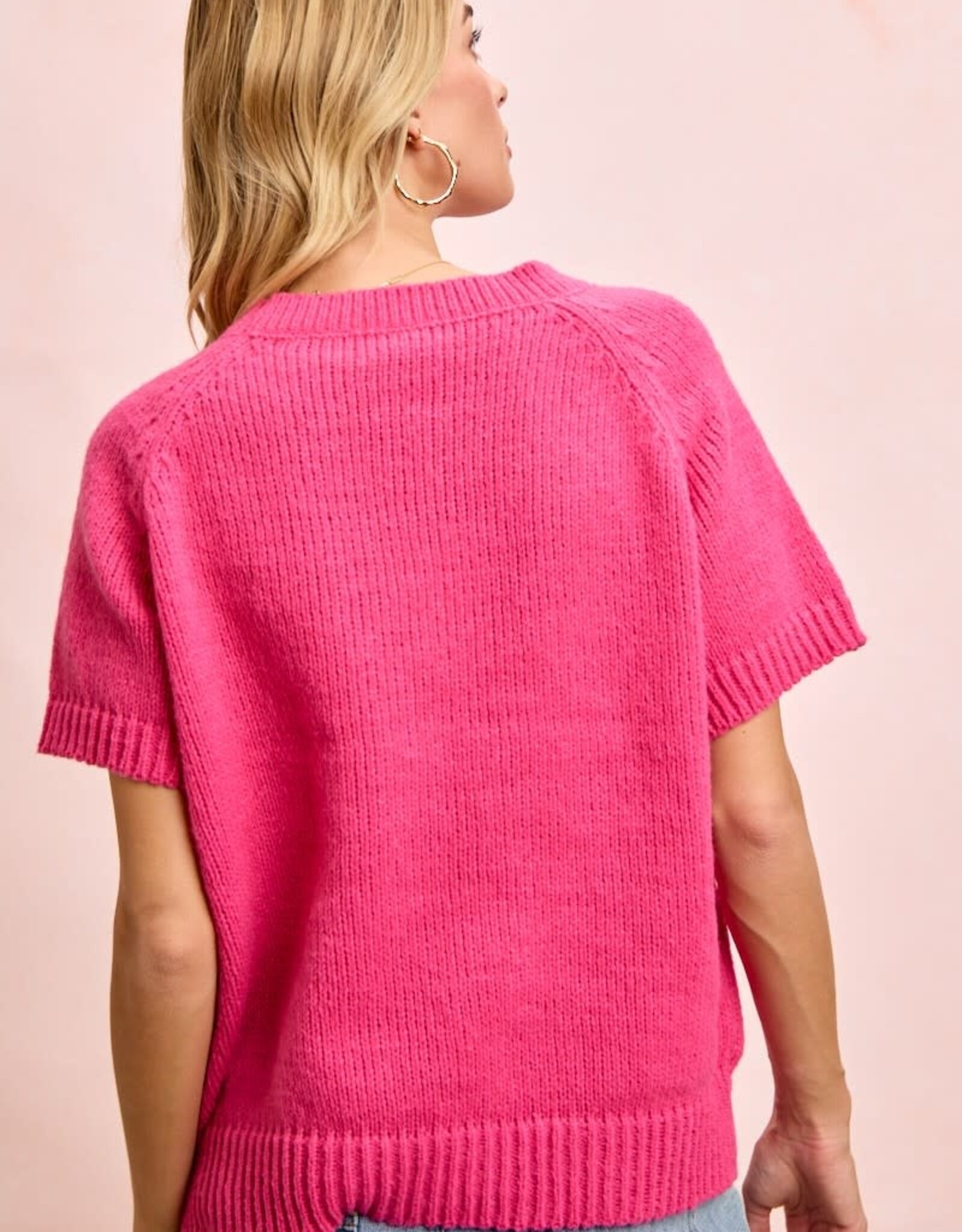 Miss Bliss Flower Embroidered SS Knit Top-Fuscia