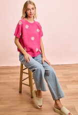 Miss Bliss Flower Embroidered SS Knit Top-Fuscia