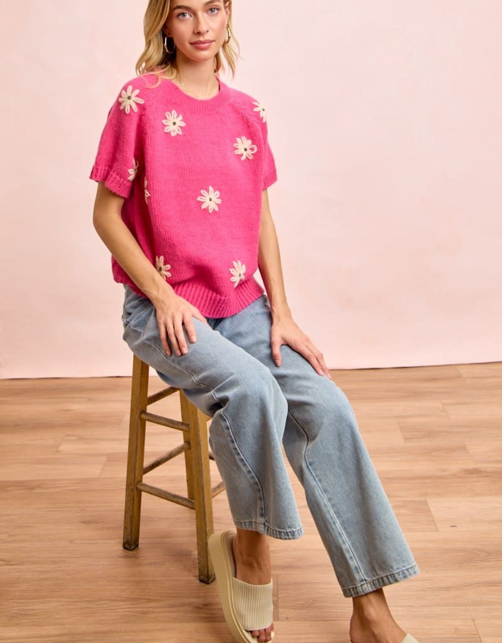 Miss Bliss Flower Embroidered SS Knit Top-Fuscia