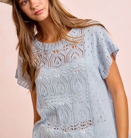 Miss Bliss Eyelet Ss Knit Top-Washed Ice Blue