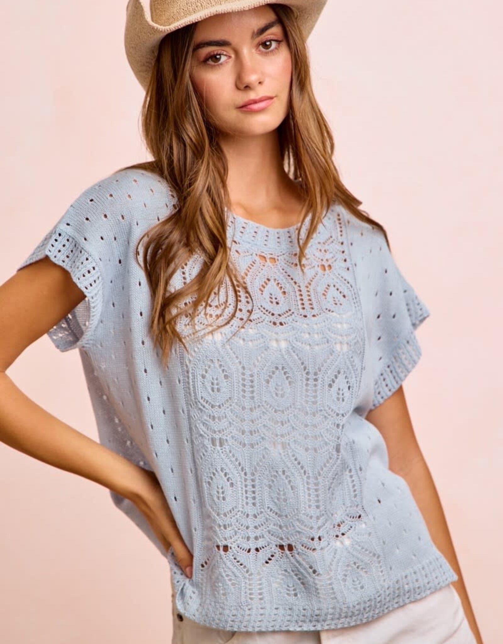 Miss Bliss Bibi Eyelet Ss Knit Top-Washed Ice Blue