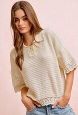 Miss Bliss Bibi Crochet Edge Button Collar Knit Top-Ivory